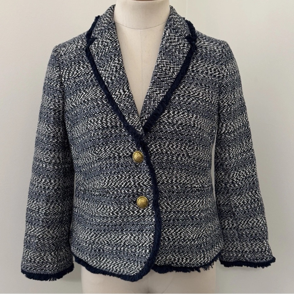 J Crew 6 Petite Tweed Lady Jacket Blazzer Navy & White Preppy Classic